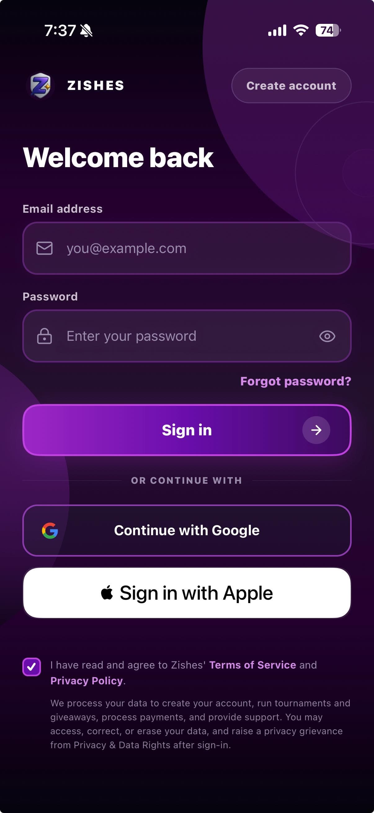 Sign in to your Zishes ID